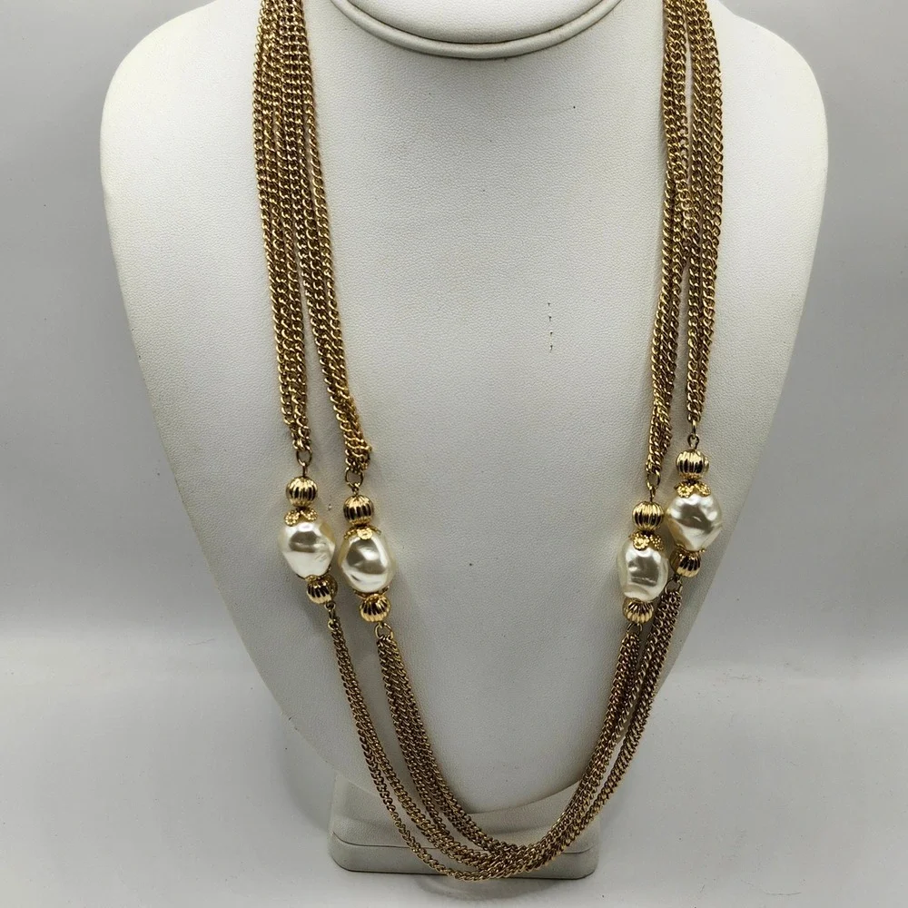 Vintage Gold Tone Multi Strand Long Chain Faux Baroque Pearl‎ Station Necklace